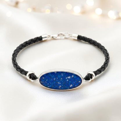 Royal blue Continuum men's sterling silver and leather memorial bracelet , handcrafted in Lancashire UK by Keepsake Memorial Jewellery
