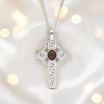 Copper mocha Anam sterling silver Celtic cross memorial pendant, 55mm, handcrafted in Lancashire UK by Keepsake Memorial Jewellery