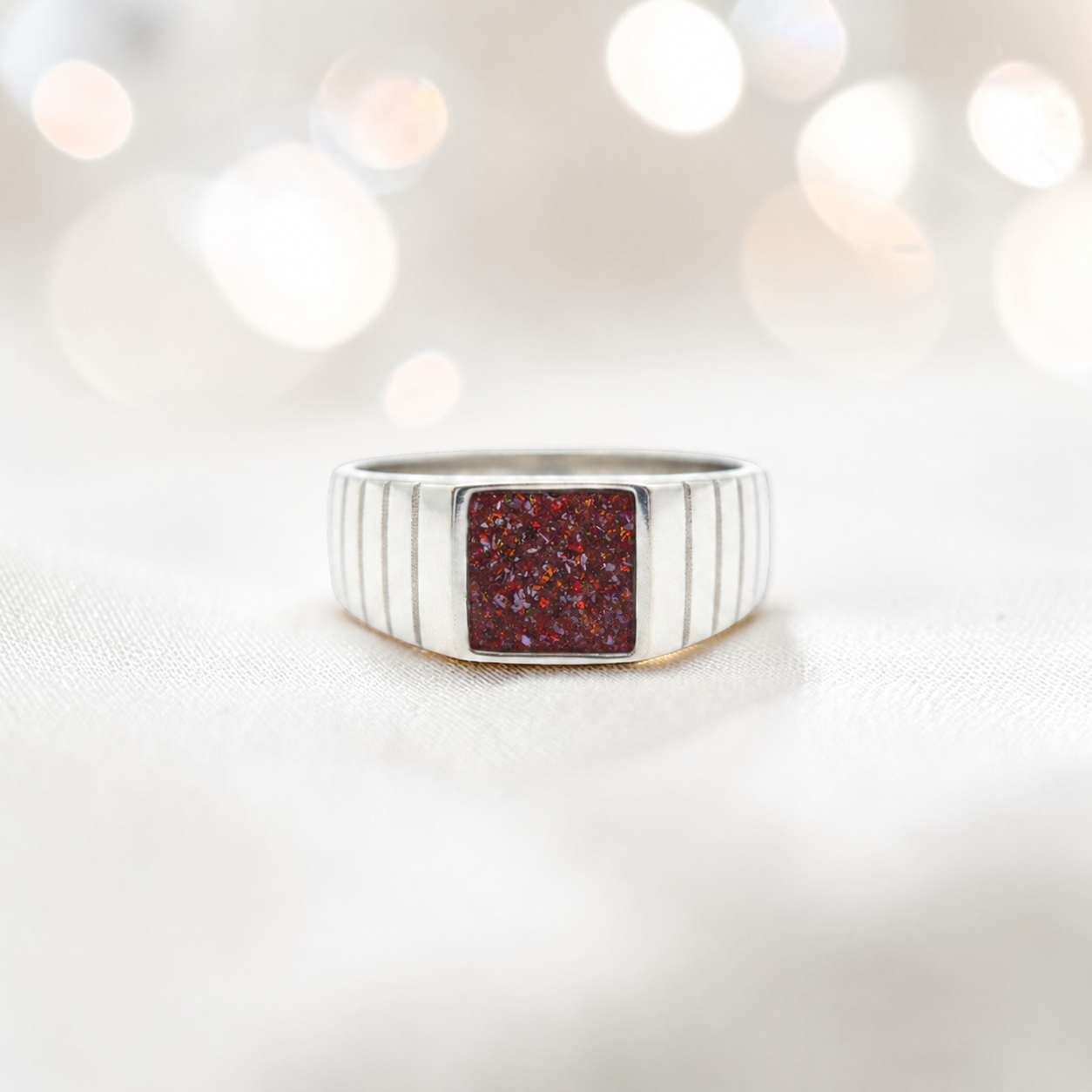 Copper mocha Echo men's sterling silver memorial signet ring, handcrafted in Lancashire UK by Keepsake Memorial Jewellery