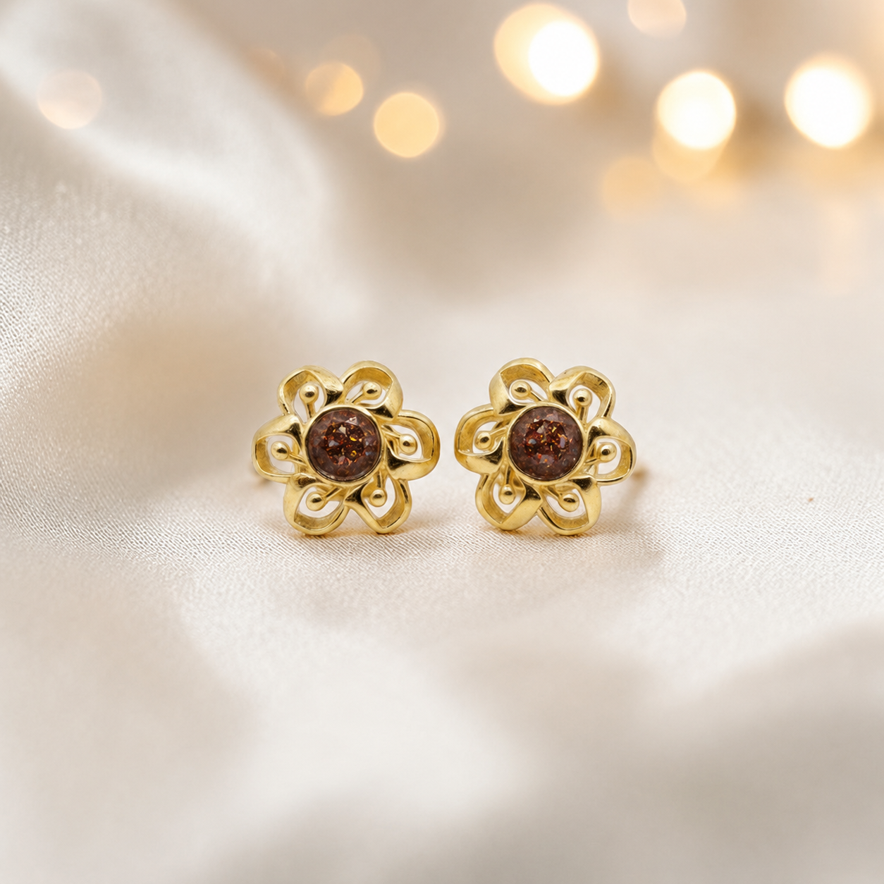 Copper Mocha Freya 9ct gold flower earrings, handcrafted in Lancashire, UK – by Keepsake Memorial Jewellery