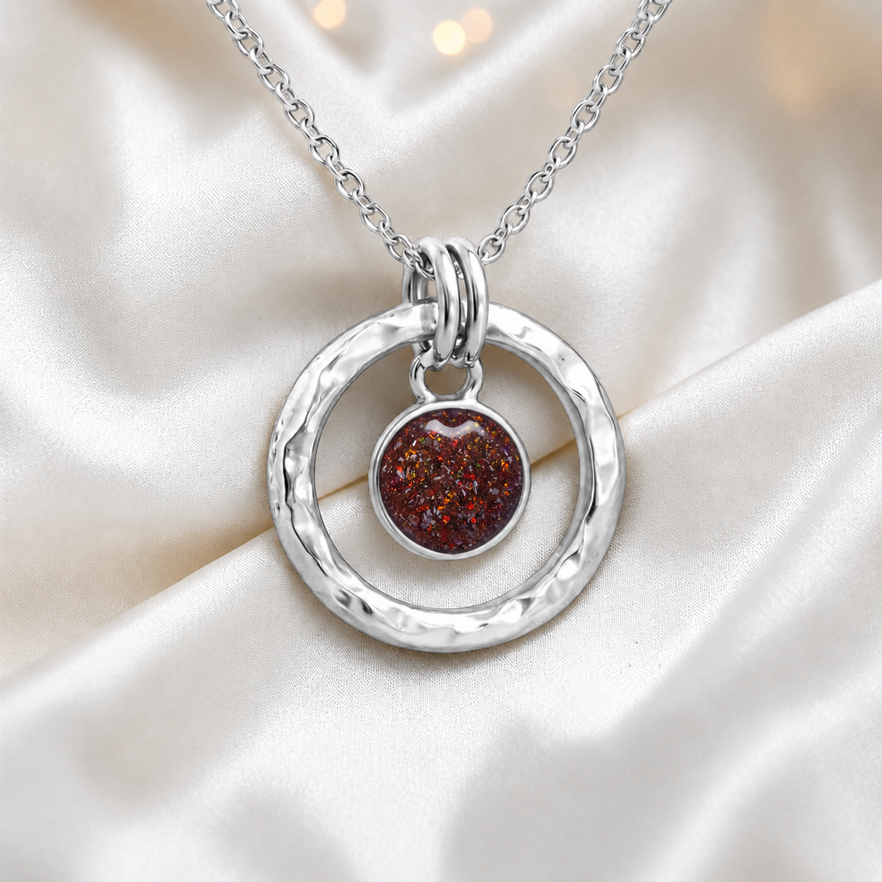 Copper mocha hammered hollow circle sterling silver memorial pendant, handcrafted in Lancashire UK by Keepsake Memorial Jewellery
