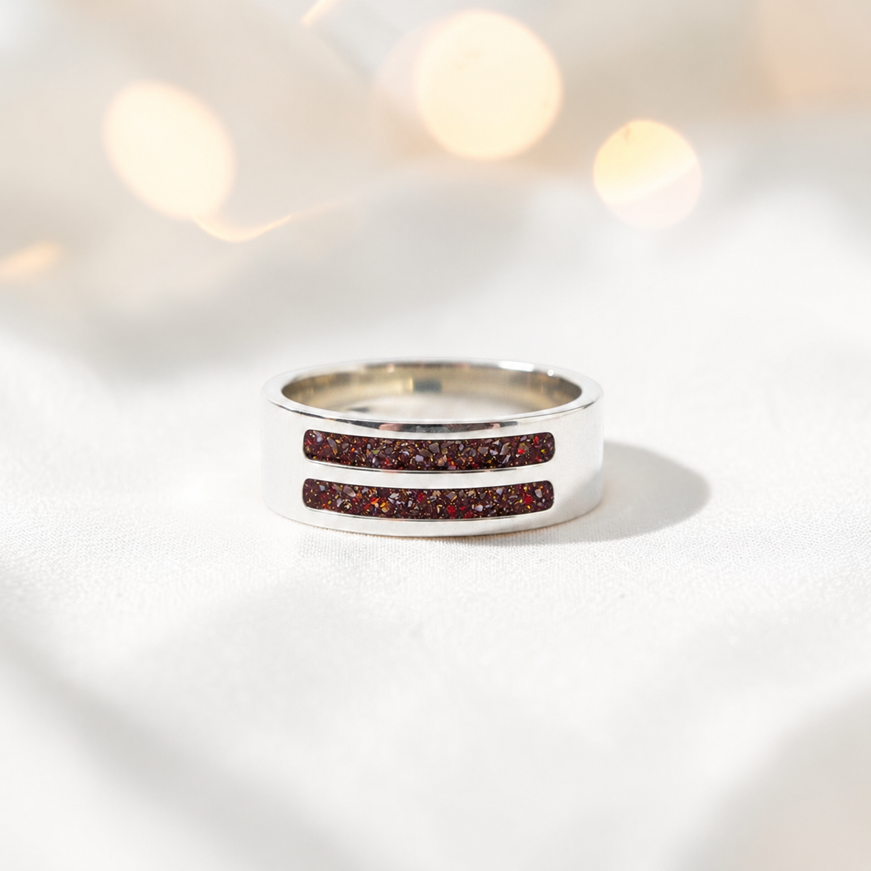 Copper Mocha Strata men's sterling silver double channel memorial ring, wide comfort-fit band, handcrafted in Lancashire UK by Keepsake Memorial Jewellery