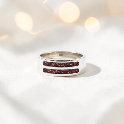 Copper Mocha Strata men's sterling silver double channel memorial ring, wide comfort-fit band, handcrafted in Lancashire UK by Keepsake Memorial Jewellery