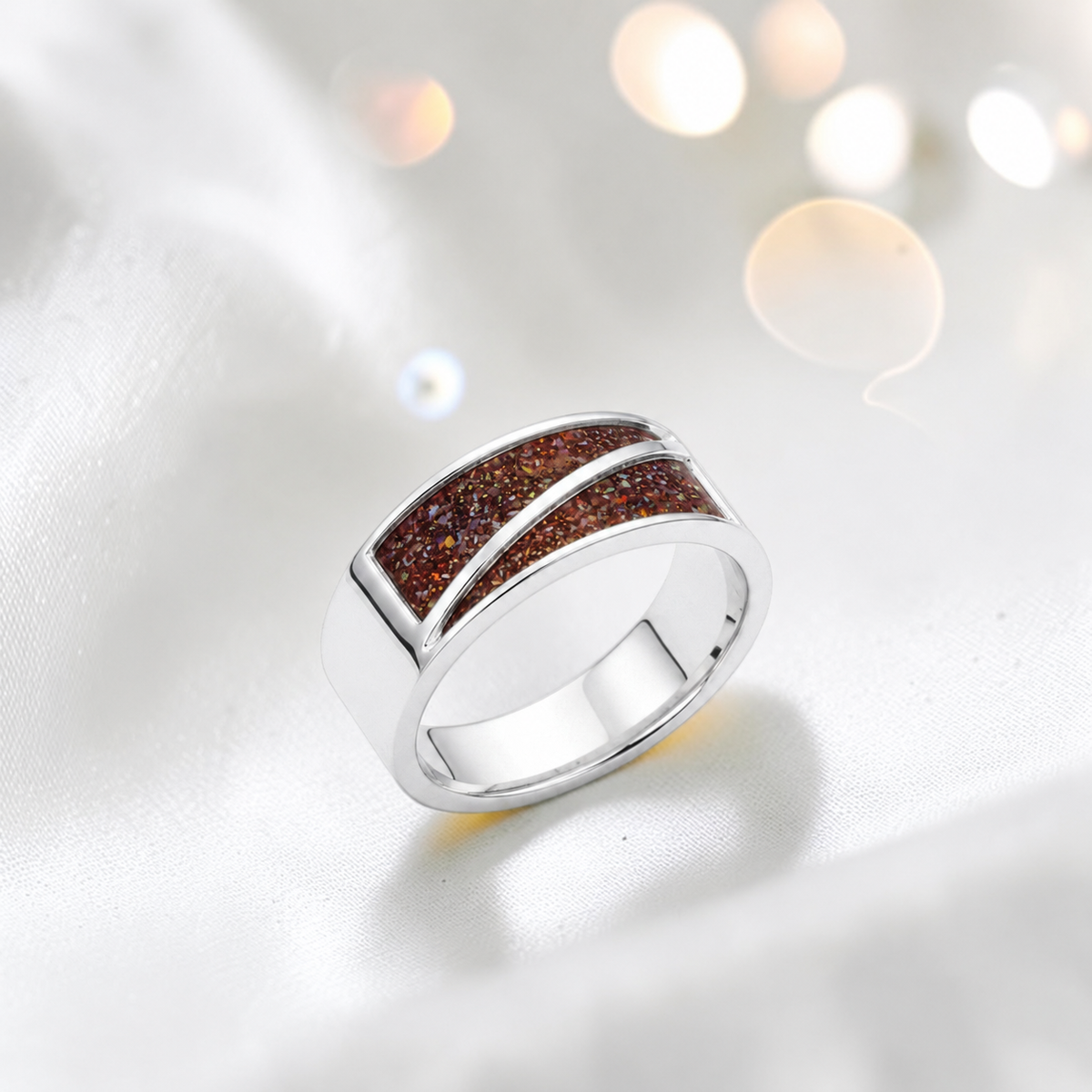 Copper mocha Two Paths men's sterling silver split channel memorial band ring, handcrafted in Lancashire UK by Keepsake Memorial Jewellery