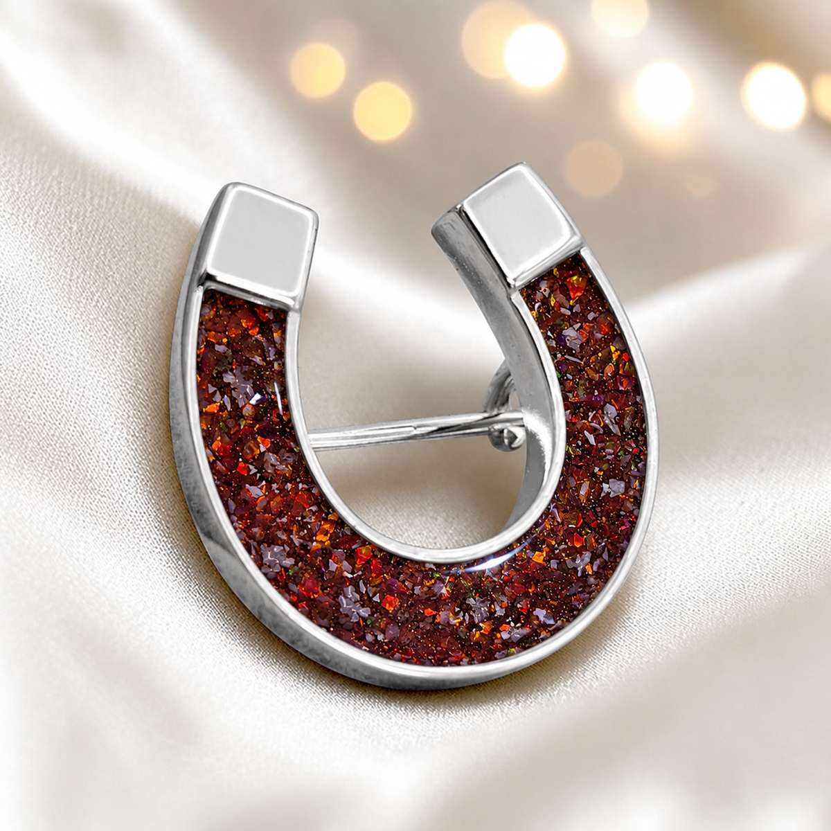 Midnight Stock Pin — silver horseshoe ashes memorial stock pin, in copper mocha, handcrafted in Lancashire, UK - by Keepsake Memorial Jewellery