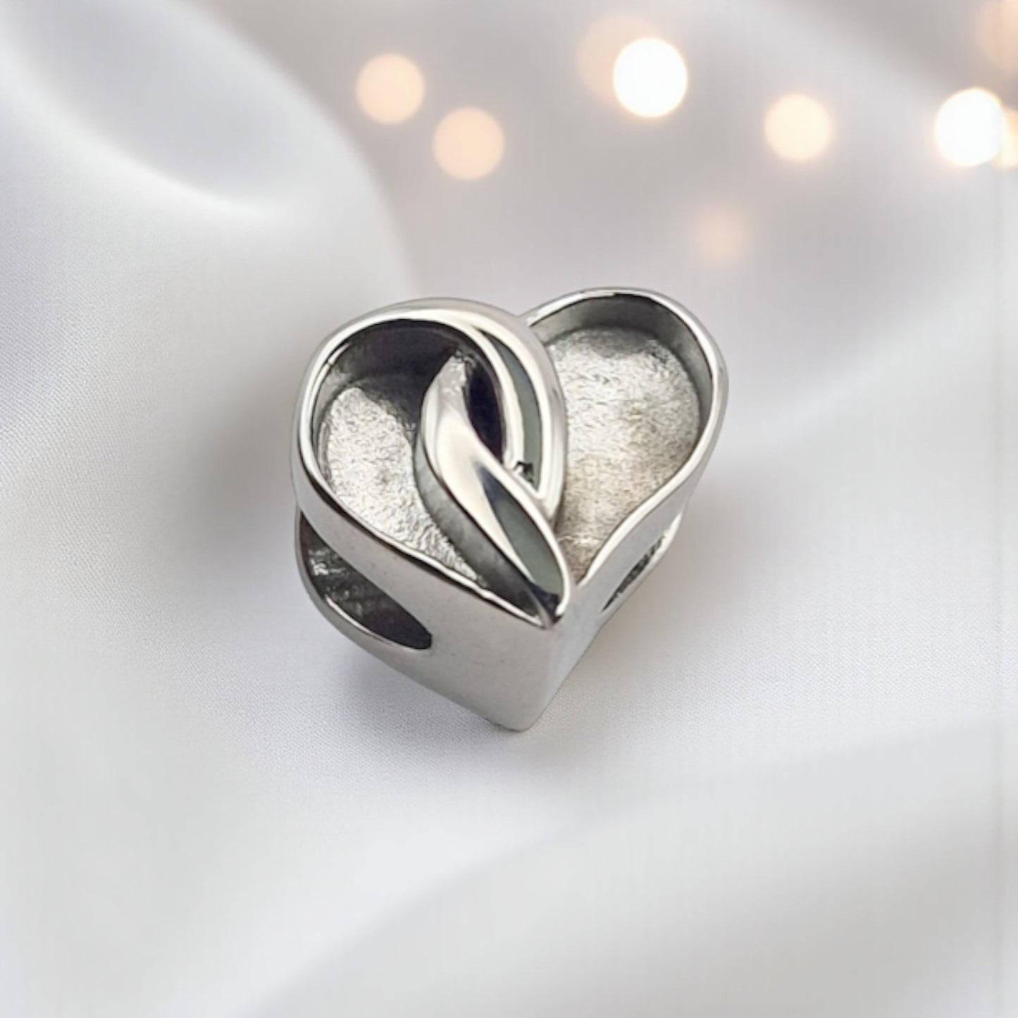 stainless steel cross over heart, memorial ashes charm bead, handcrafted in uk