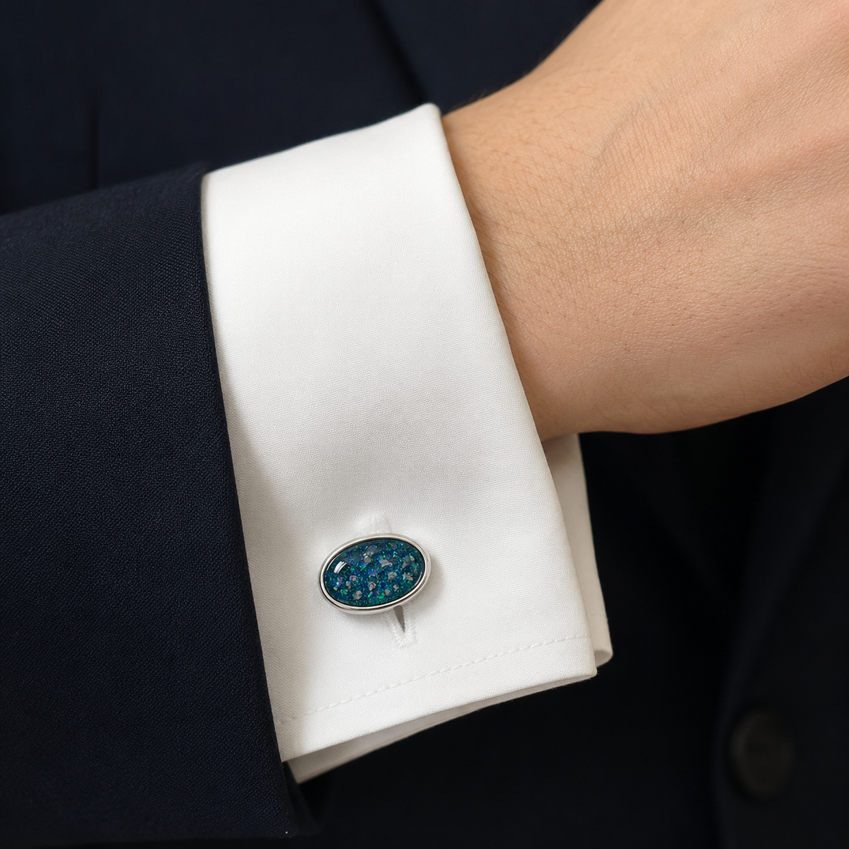Teal mist Pulse sterling silver oval memorial ashes cufflinks, handcrafted in Lancashire UK