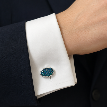 Teal mist Pulse sterling silver oval memorial ashes cufflinks, handcrafted in Lancashire UK