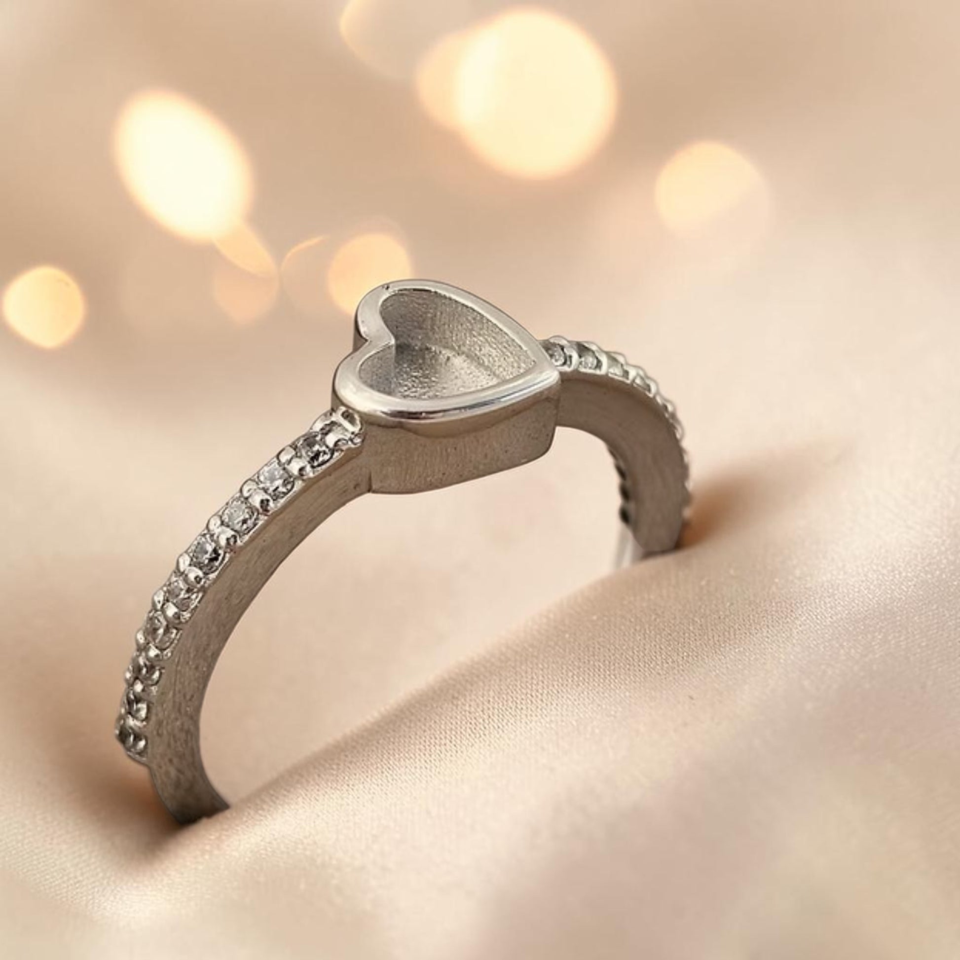Dainty CZ Heart 925 Silver Ring with white snow opal — sterling silver memorial ring, handcrafted in Lancashire, UK