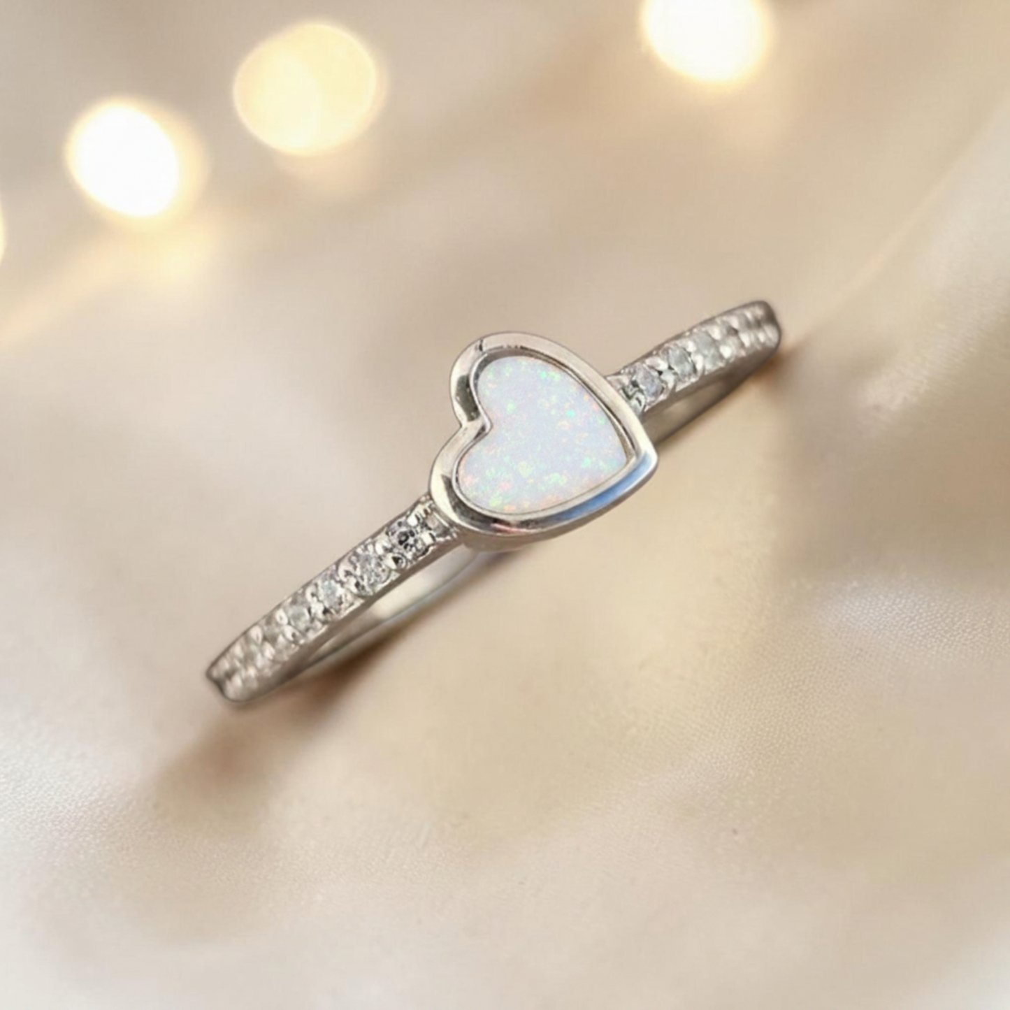 Dainty CZ Heart 925 Silver Ring with white snow opal — sterling silver memorial ring, handcrafted in Lancashire, UK
