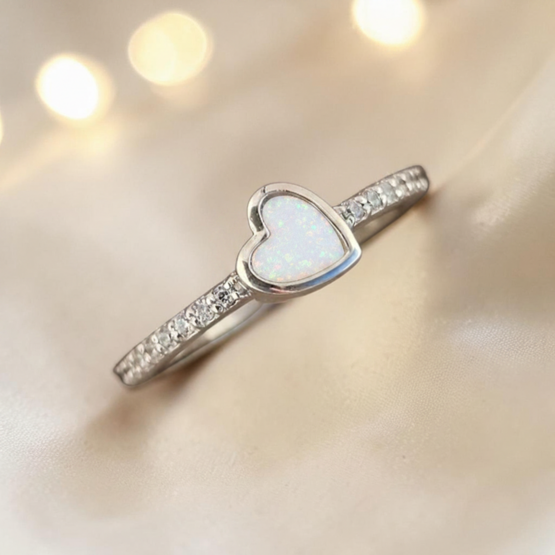 Dainty CZ Heart 925 Silver Ring with white snow opal — sterling silver memorial ring, handcrafted in Lancashire, UK