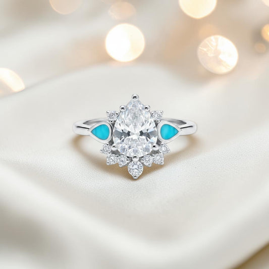 Silver Dew Drop Ashes Memorial Ring with aqua opal inlay, handcrafted in the UK