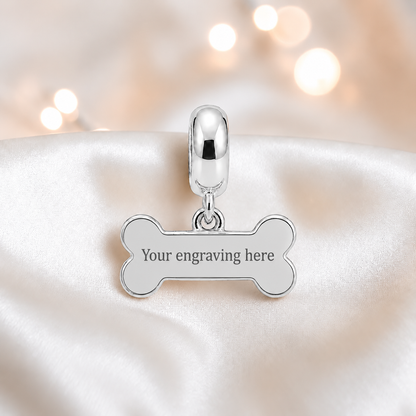 Engraved Milo silver dog bone ashes charm, handcrafted in Lancashire UK - by Keepsake Memorial Jewellery 