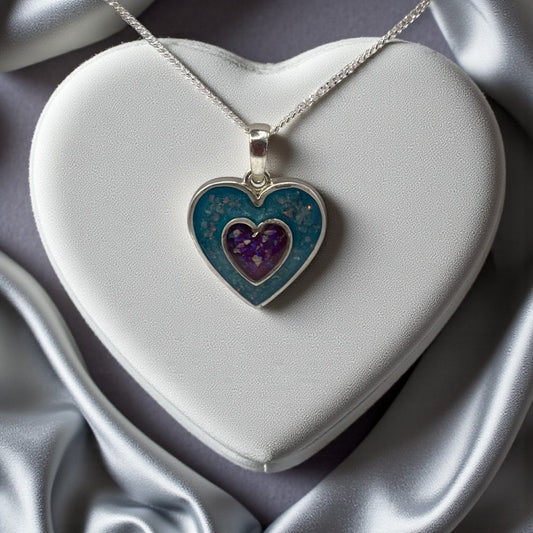 Silver Double heart pendant, handcrafted in Lancashire, UK