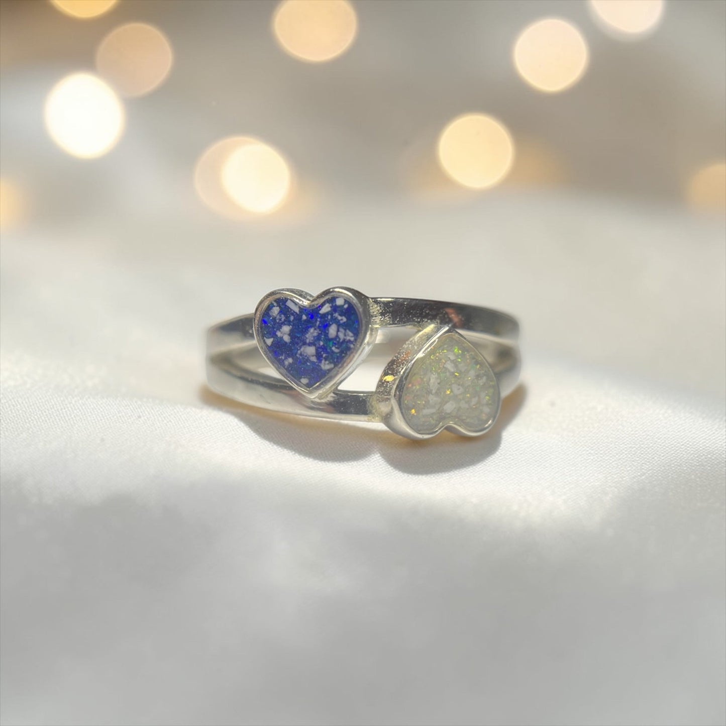 Alouette Ring — silver double heart ashes memorial ring, handcrafted in Lancashire, UK
