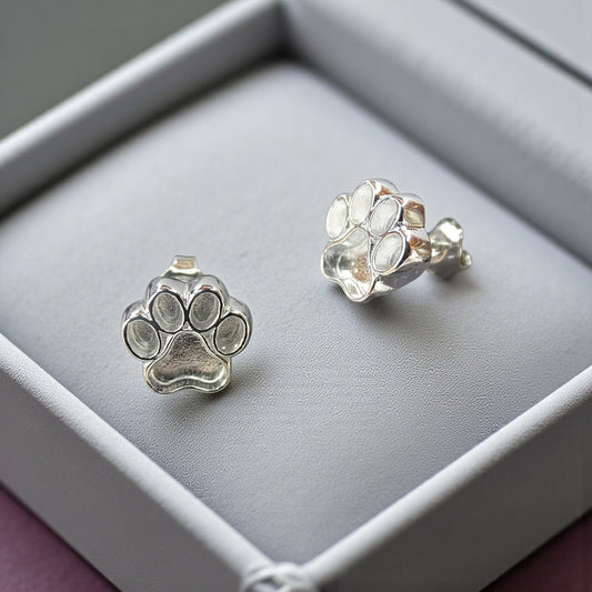 Solid Silver Dog Paw Print Stud Earrings