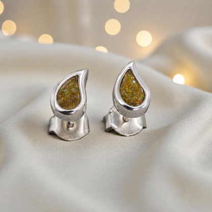 Drops of Love memorial drop earrings in Gold Olive opal — sterling silver, handcrafted in Lancashire, UK