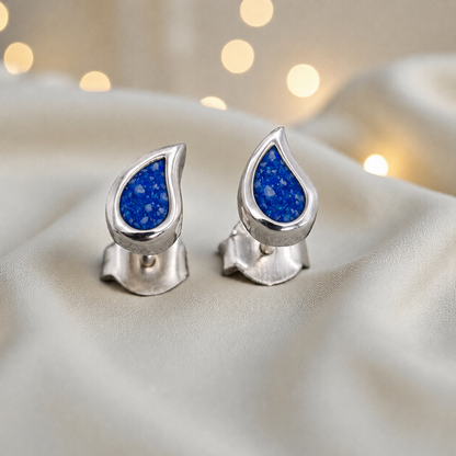 Drops of Love memorial drop earrings in Royal Blue opal — sterling silver, handcrafted in Lancashire, UK
