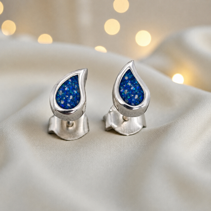 Drops of Love memorial drop earrings in Sapphire Glow opal — sterling silver, handcrafted in Lancashire, UK