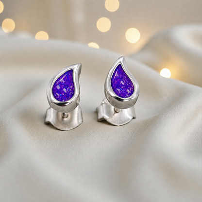 Drops of Love memorial drop earrings in Sleepy Lavender opal — sterling silver, handcrafted in Lancashire, UK