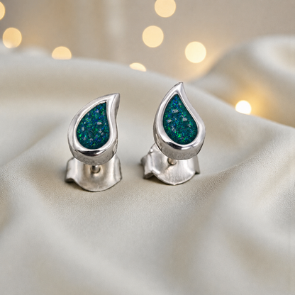 Drops of Love memorial drop earrings in Teal Mist opal — sterling silver, handcrafted in Lancashire, UK