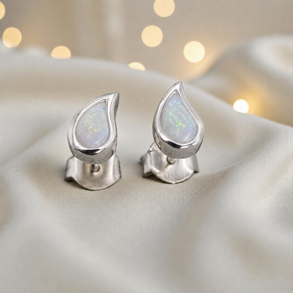 Drops of Love memorial drop earrings in White Snow opal — sterling silver, handcrafted in Lancashire, UK