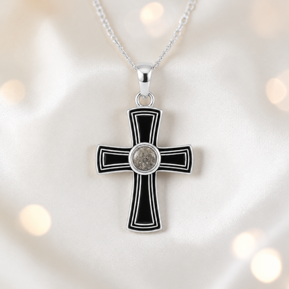 Escha sterling silver memorial cross pendant in natural ash, handcrafted in Lancashire UK - by Keepsake Memorial Jewellery 