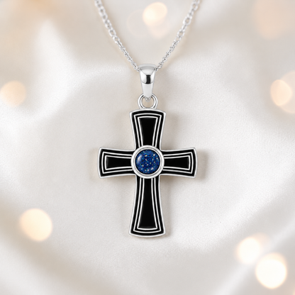 Escha sterling silver memorial cross pendant in sapphire glow, handcrafted in Lancashire UK - by Keepsake Memorial Jewellery 