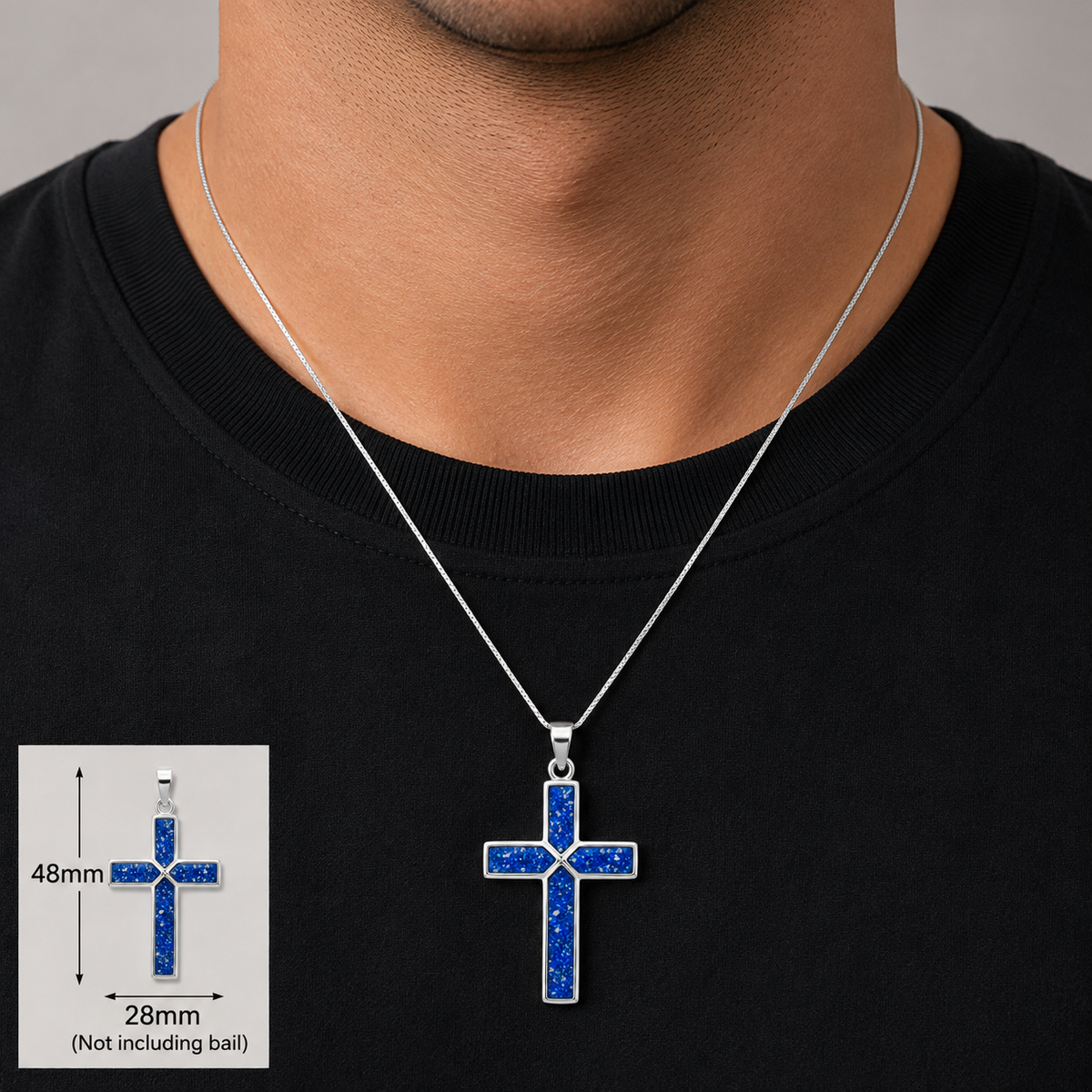 Royal Blue Endura men's sterling silver cross memorial pendant, 29mm, handcrafted in Lancashire UK by Keepsake Memorial Jewellery