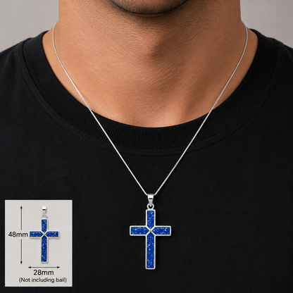 Royal Blue Endura men's sterling silver cross memorial pendant, 29mm, handcrafted in Lancashire UK by Keepsake Memorial Jewellery
