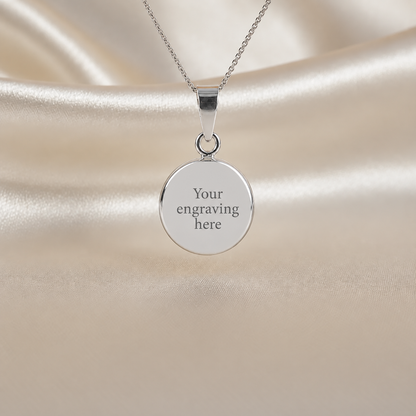 keepsake memorial jewellery round pollux pendant with engraving on rear. Handcrafted in Lancashire