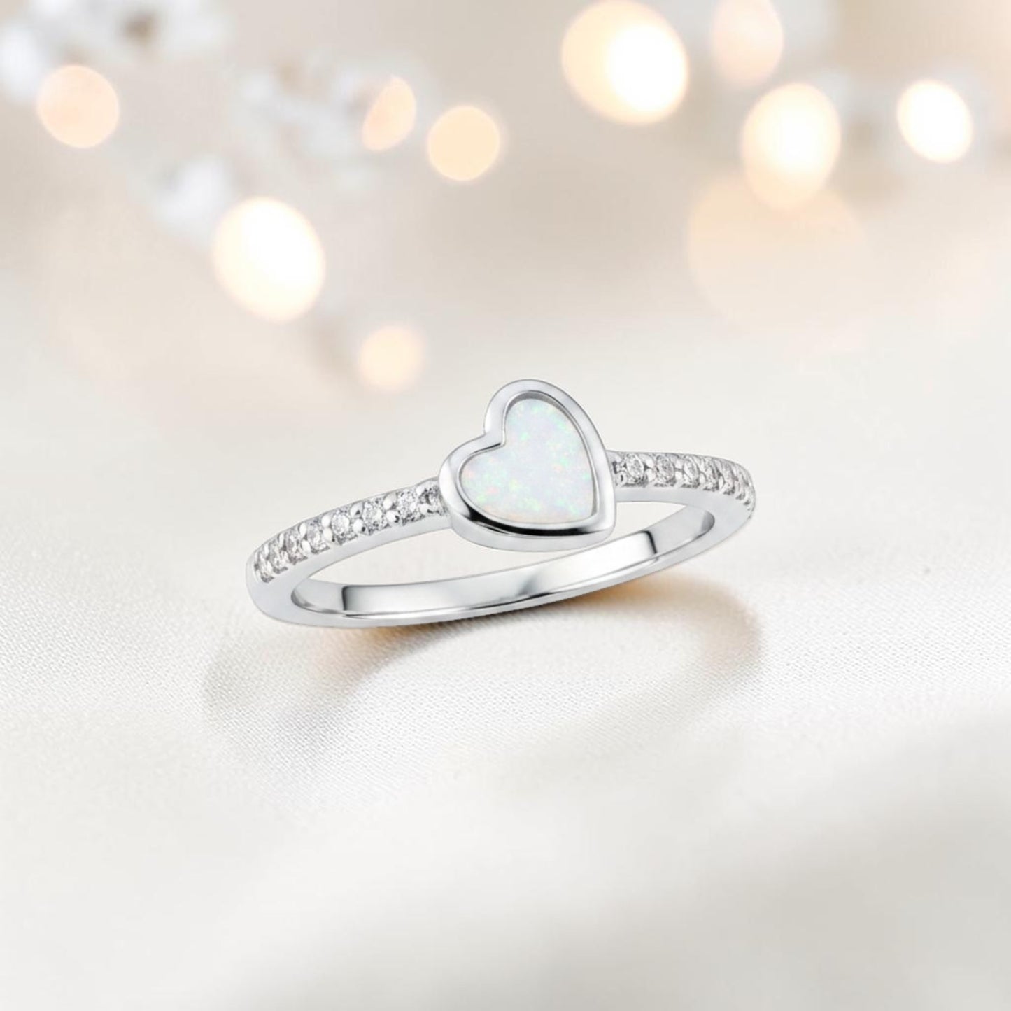Dainty CZ Heart 925 Silver Ring with white snow opal — sterling silver memorial ring, handcrafted in Lancashire, UK