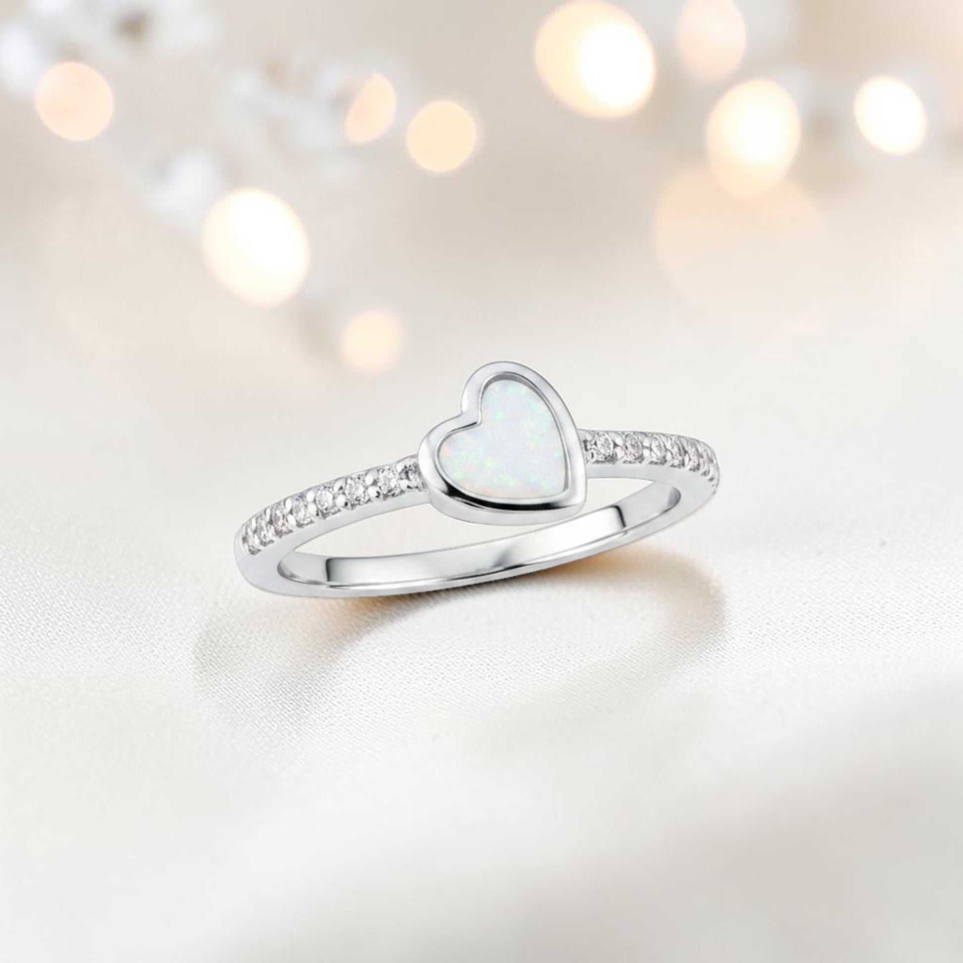 Dainty CZ Heart 925 Silver Ring with white snow opal — sterling silver memorial ring, handcrafted in Lancashire, UK