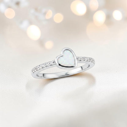 Dainty CZ Heart 925 Silver Ring with white snow opal — sterling silver memorial ring, handcrafted in Lancashire, UK