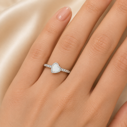 Dainty CZ Heart 925 Silver Ring with white snow opal — sterling silver memorial ring, handcrafted in Lancashire, UK