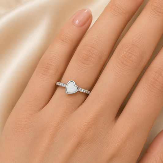 Dainty CZ Heart 925 Silver Ring with white snow opal — sterling silver memorial ring, handcrafted in Lancashire, UK
