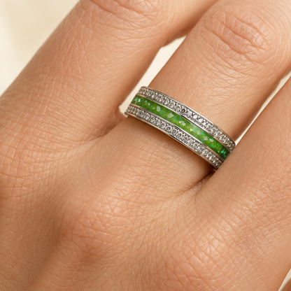 Evie keepsake ring shown on hand, handcrafted in lancashire