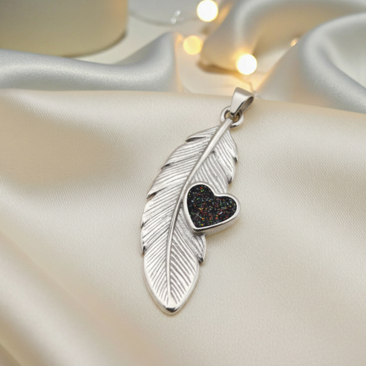 Feather Heart Pendant with Black Rainbow Opal