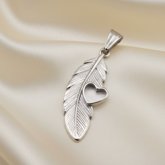 feather with heart ashes memorial pendant, handcrafted in lancashire, uk