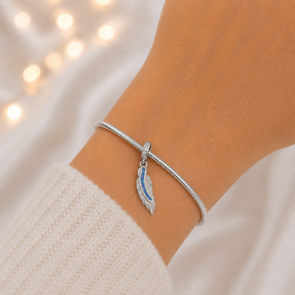 sterling silver heavens feather  ashes memorial dangle  charm, handcrafted in Lancashire by keepsake memorial