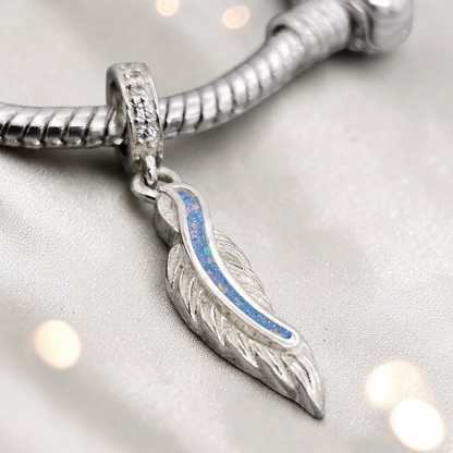sterling silver heavens feather  ashes memorial dangle  charm, handcrafted in Lancashire by keepsake memorial