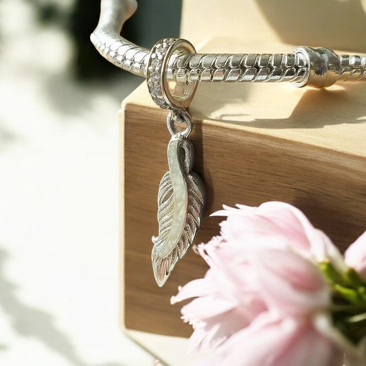 Feather CZ Dangle Bracelet Charm 925 Silver