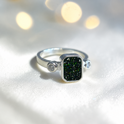 Keepsake Memorial Silver Anastasia Emerald Cut Ashes Ring in Black Flame — handcrafted in Lancashire, UK