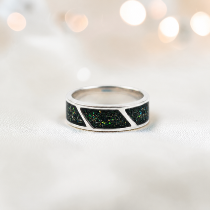 Black flame Axis men's sterling silver three setting ring, handcrafted in Lancashire UK by Keepsake Memorial Jewellery
