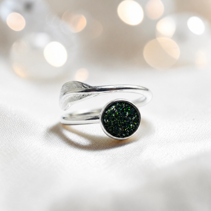 Feather Whisper Ring — silver feather ashes memorial ring, in black flame, handcrafted in Lancashire, UK