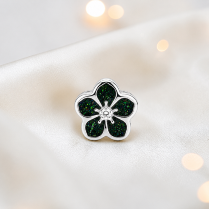 Black flame sterling silver forget me not ashes memorial charm, handcrafted in Lancashire by keepsake memorial