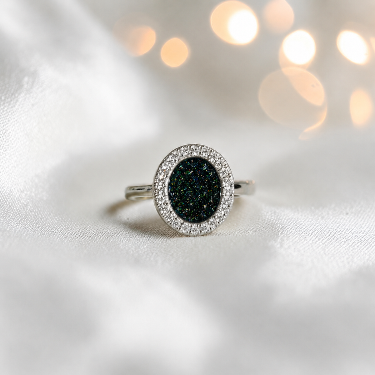 Keepsake Memorial Silver Halo Ashes Ring in Black Flame - Handcrafted in the UK