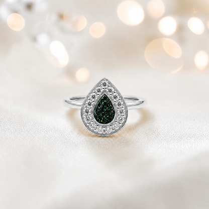 Keepsake Memorial Silver Helena Teardrop Ashes Ring in Black Flame — handcrafted in Lancashire, UK