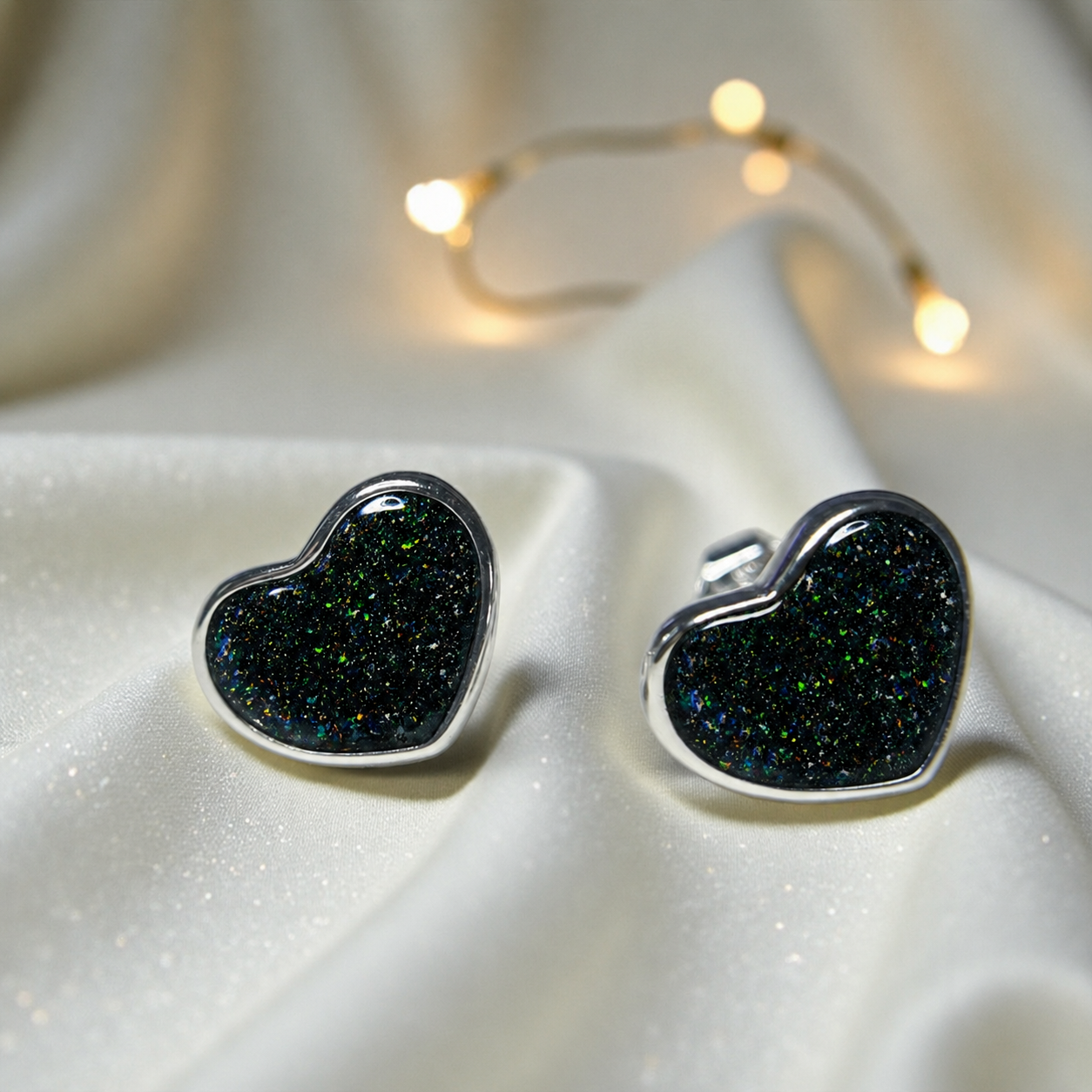 Keepsake Memorial Sterling Silver Heart Ashes Earrings Luna Grace in Black Flame - Handcrafted in the UK