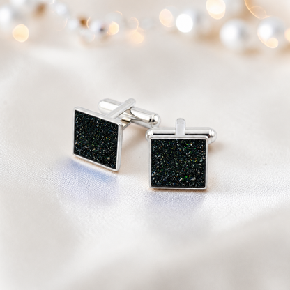 Black flame Nexus sterling silver square memorial ashes cufflinks, handcrafted in Lancashire UK